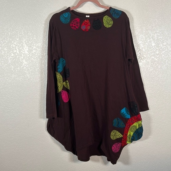 Nepal Brown Patchwork Flowers Pockets Bubble Hem Style Tunic Size Large - Picture 1 of 7